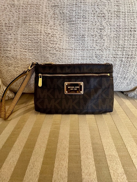 Michael Kors Handbags - Michael Kors Brown and Gold Logo Zip Wristlet